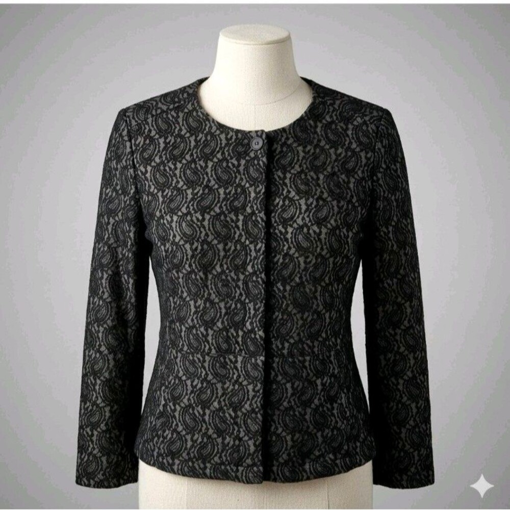 Isaac Mizrahi Jacket Womens XL Black Gray Paisley Lace Over Knit Hidden Buttons
